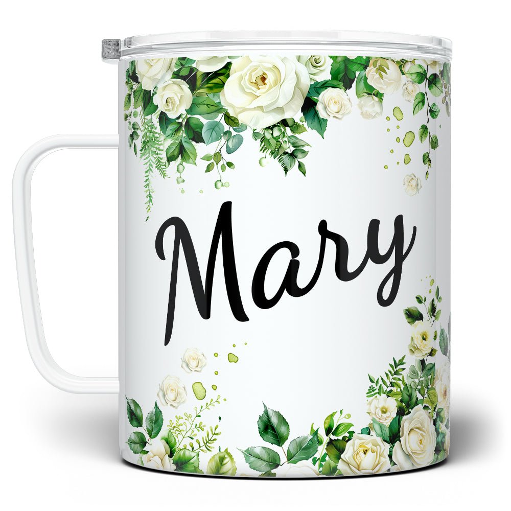 Personalized Name White Rose Insulated Travel Mug - Loftipop
