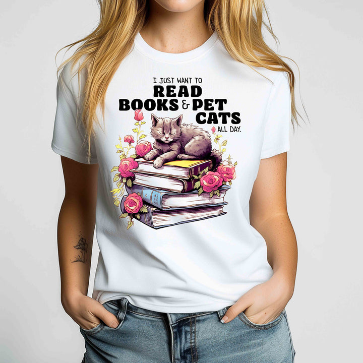 I Just Want To Read Books and Pet Cats Crewneck Tshirt