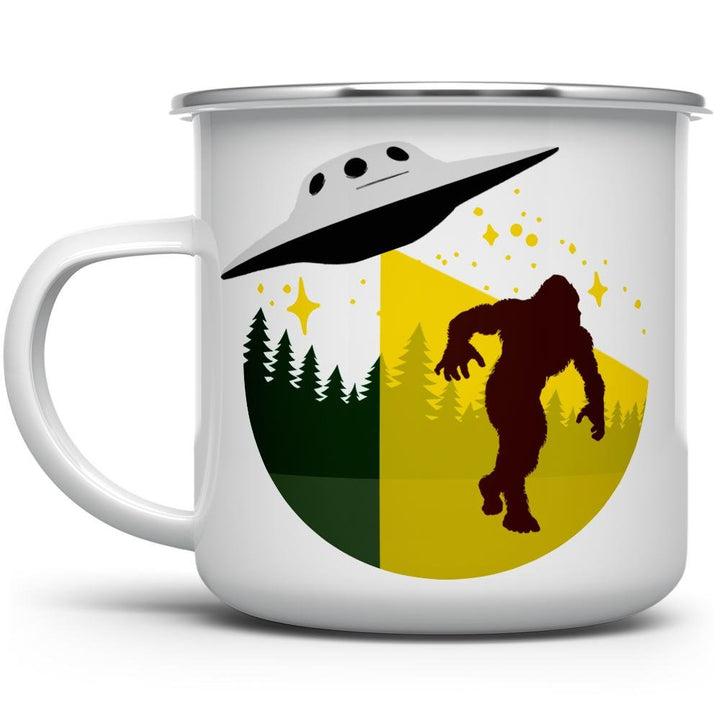 Bigfoot Abduction Camp Mug with Big Foot in the woods and an UFO