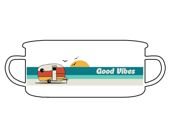 Good Vibes Retro Enamel Camp Mug design on white background