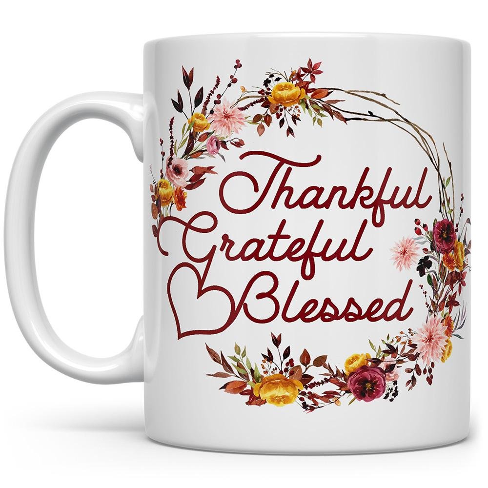 Grateful Thankful Blessed Heart Mug - 11oz Ceramic Coffee Cup With Inspirational Design