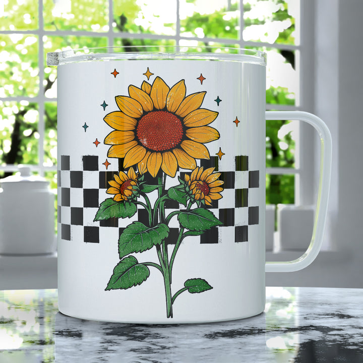 Checkered Sunflower Insulated Travel Mug
