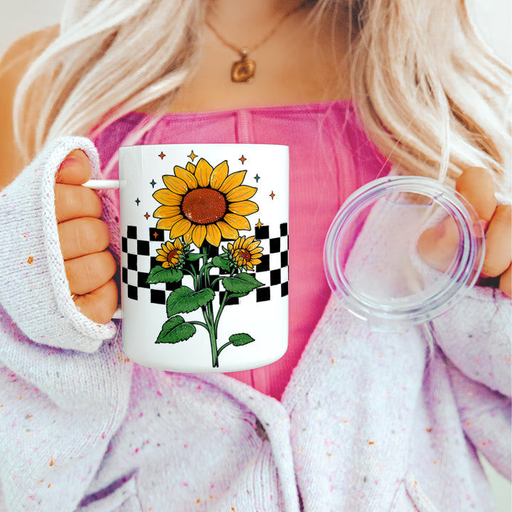 Checkered Sunflower Insulated Travel Mug