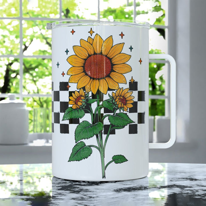 Checkered Sunflower Insulated Travel Mug - Loftipop