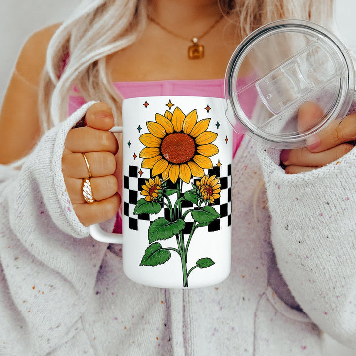 Checkered Sunflower Insulated Travel Mug - Loftipop