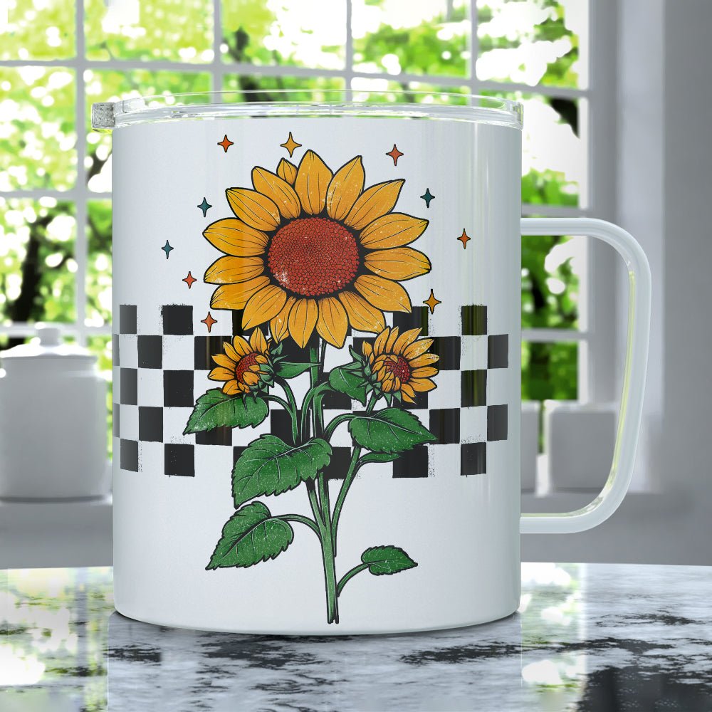 Checkered Sunflower Insulated Travel Mug - Loftipop
