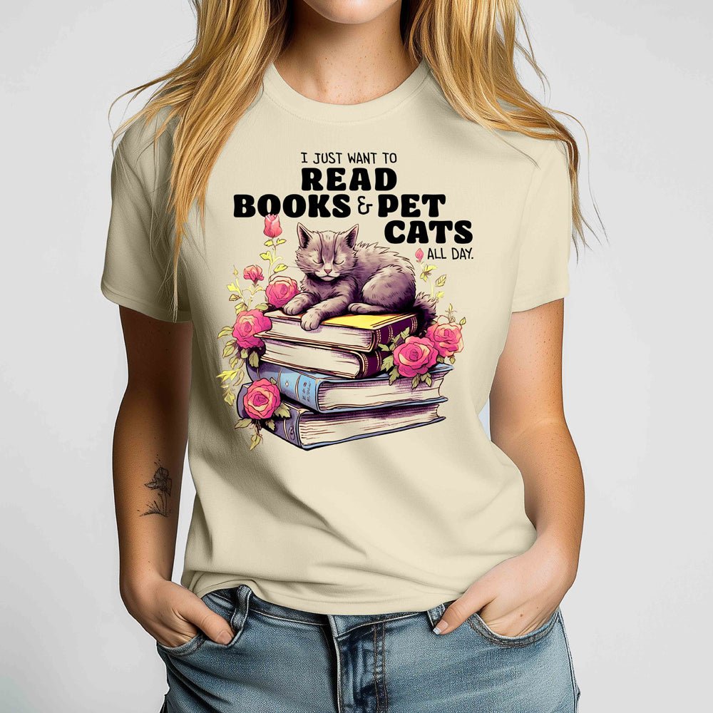 I Just Want To Read Books and Pet Cats Crewneck Tshirt - Loftipop