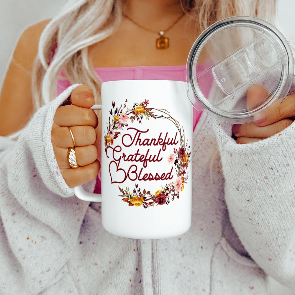 Thankful Grateful Blessed Insulated Travel Mug - Loftipop
